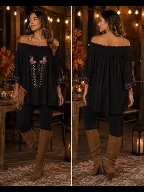 Umgee black embroidered off-shoulder tunic Fits Large Best